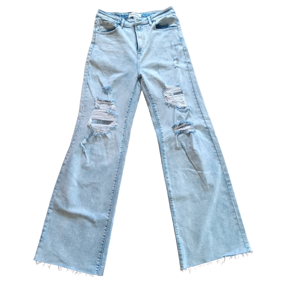 Risen Jeans Denim - Risen Light Blue Distressed Wide Leg Jeans.  Casual, Relaxed, Boho Chic